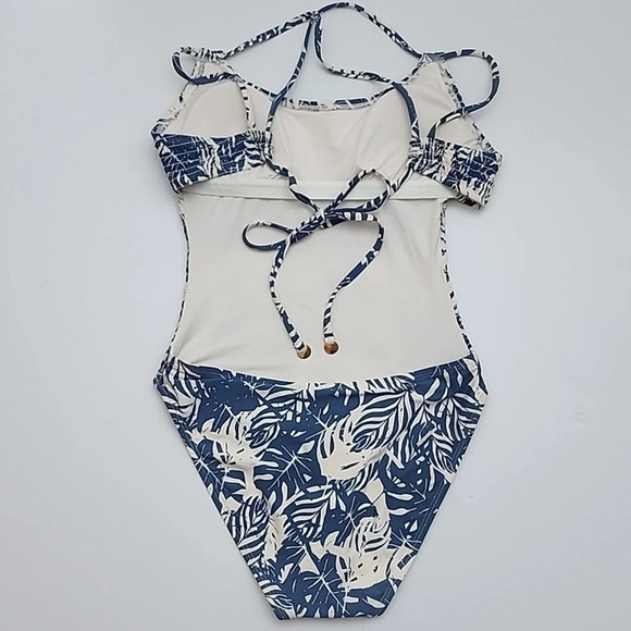 Anne Cole Studio One Piece Open Back Swimsuit Palm Print Blue Antique White Sz 8 - Picture 6 of 16
